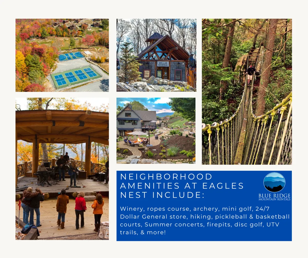 A vibrant exterior shot featuring the detailed architecture of the Eagles Nest lodge, a visible ropes course, outdoor gathering areas, tennis and pickleball courts, and the surrounding natural landscape. Guests are seen enjoying a variety of activities including wine tasting, live music at the amphitheater, mini golf, hiking, and friendly competitions on the courts.